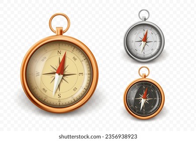 Vector metal retro compasses. Isolated on a transparent background.