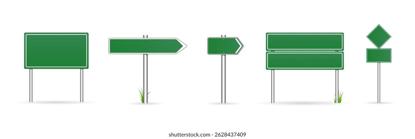 Vector Metal Road Signs on Steel Poles Set. Different Shapes 3D Realistic Blank Street Signboards, Direction Arrows and Green Roadside Signpost Plates Highway Traffic Illustrations Collection Isolated