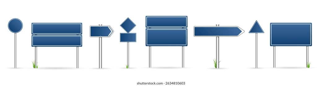 Vector Metal Road Signs on Steel Poles Set. Different Shapes 3D Realistic Blank Street Signboards, Direction Arrows and Green Roadside Signpost Plates Highway Traffic Illustrations Collection Isolated