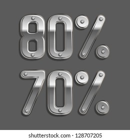 Vector metal rounded font with screw heads Percents templates for sale 80%, 70%