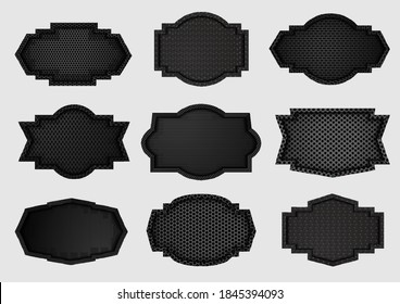 Escudo de metal vectorial con fondo de textura de fibra de carbono geométrica negro oscuro