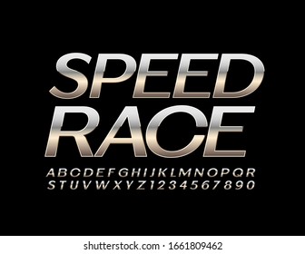 Vector metal sign Speed Race with reflective Font. Chrome Alphabet Letters and Numbers