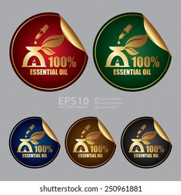 Vector : Metallic 100% Essential Oil Sticker, Icon or Label