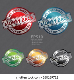 Vector : Metallic 100% Guarantee Money Back Badge, Icon, Sticker, Banner, Tag, Sign or Label