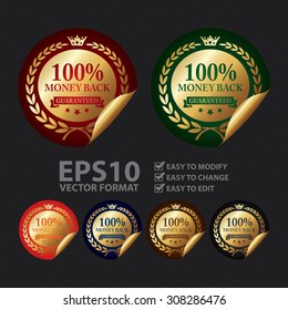 Vector : Metallic 100% Money Back Guaranteed Infographics Peeling Sticker, Icon, Sign or Label