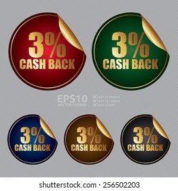 Vector : Metallic 3% Cash Back Sticker, Icon or Label