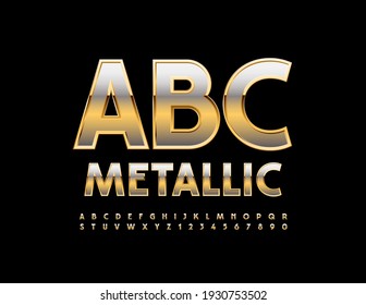 Alfabeto vectorial metálico. Fuente brillante dorada. Estilo de semilla Letras y números establecidos