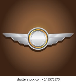 Vector metallic automotive, motorcycle badge with wings. Signs and labels.