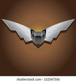 Vector metallic automotive, motorcycle badge with wings. Signs and labels.