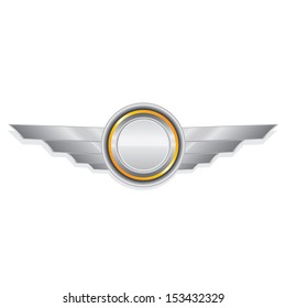 Vector metallic automotive, motorcycle badge with wings isolated on white. Signs and labels.