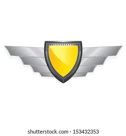 Vector metallic automotive, motorcycle badge with wings isolated on white. Signs and labels.