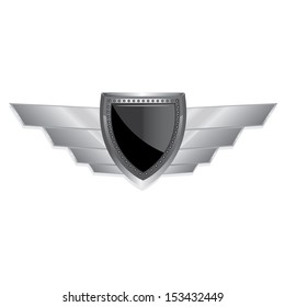 Vector metallic automotive, motorcycle badge with wings isolated on white. Signs and labels.