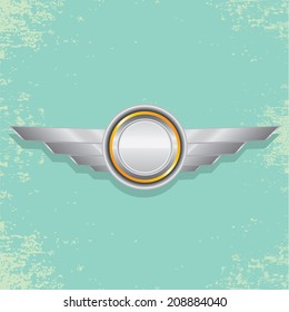 Vector metallic automotive, motorcycle badge with wings. Signs and labels.