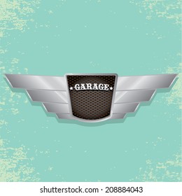 Vector metallic automotive, motorcycle badge with wings. Signs and labels.