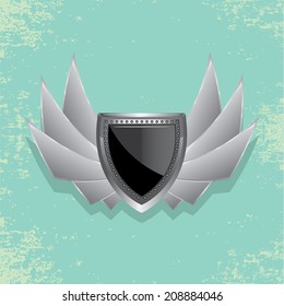 Vector metallic automotive, motorcycle badge with wings. Signs and labels.