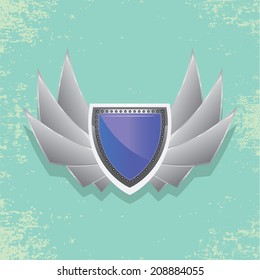 Vector metallic automotive, motorcycle badge with wings. Signs and labels.