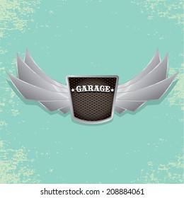 Vector metallic automotive, motorcycle badge with wings. Signs and labels.