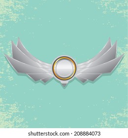 Vector metallic automotive, motorcycle badge with wings. Signs and labels.