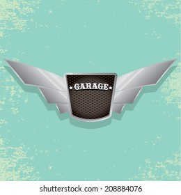 Vector metallic automotive, motorcycle badge with wings. Signs and labels.
