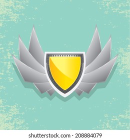 Vector metallic automotive, motorcycle badge with wings. Signs and labels.