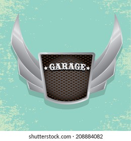 Vector metallic automotive, motorcycle badge with wings. Signs and labels.