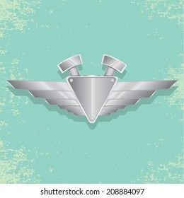 Vector metallic automotive, motorcycle badge with wings. Signs and labels.