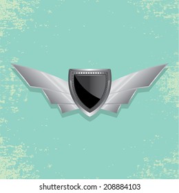 Vector metallic automotive, motorcycle badge with wings. Signs and labels.