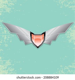 Vector metallic automotive, motorcycle badge with wings. Signs and labels.