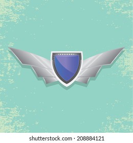 Vector metallic automotive, motorcycle badge with wings. Signs and labels.