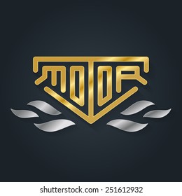 Vector metallic automotive, motorcycle badge with fire. Gold Signs or labels. Golden logo.