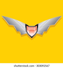 Vector metallic automotive, motorcycle badge with wings. Signs and labels.