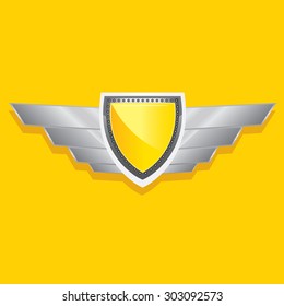 Vector metallic automotive, motorcycle badge with wings. Signs and labels.