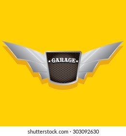 Vector metallic automotive, motorcycle badge with wings. Signs and labels.