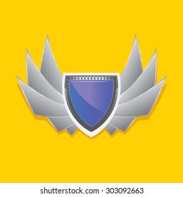Vector metallic automotive, motorcycle badge with wings. Signs and labels.