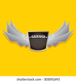 Vector metallic automotive, motorcycle badge with wings. Signs and labels.