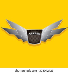 Vector metallic automotive, motorcycle badge with wings. Signs and labels.