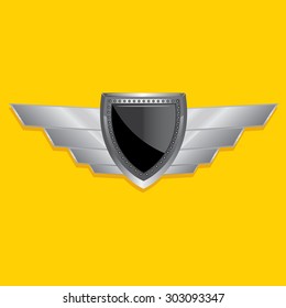 Vector metallic automotive, motorcycle badge with wings. Signs and labels.