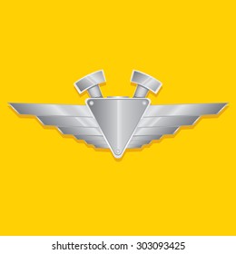 Vector metallic automotive, motorcycle badge with wings. Signs and labels.
