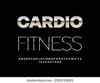 Vector metallic banner Cardio Fitness. Trendy Silver Font. Iron Alphabet Letters and Numbers set