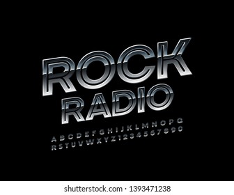 Vector metallic banner Rock Radio with glossy Font. Reflective Uppercase Alphabet Letters and Numbers