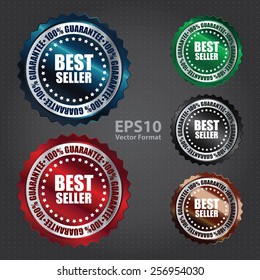 vector : metallic best seller 100% guarantee icon, tag, label, badge, sign, sticker