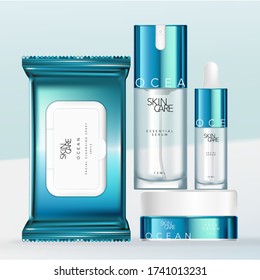 Vector Metallic Blue & White Design Beauty, Medical Skincare or Toiletries Packaging Set with Pipette or Dropper Bottle, Tissue or Cleansing Sheet Packet, Pump Bottle & Jar.