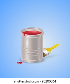 vector metallic bucket of red color and brush