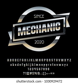 Vector Metallic Chrome Emblem Mechanic. Set of Silver Alphabet Letters, Numbers and punctuation Symbols