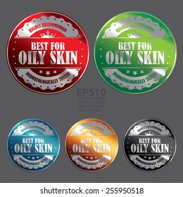 Vector : Metallic Circle Best For Oily Skin, Highly Recommended, Dermatologically Tested Icon, Label, Banner, Badge, Tag or Sticker