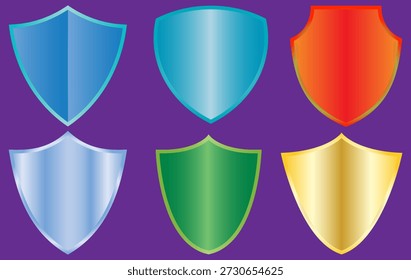 Conjunto de iconos de escudo colorido metálico de Vector con símbolos de protección de degradado brillante Premio de diseño Trofeo o Plantilla de certificado