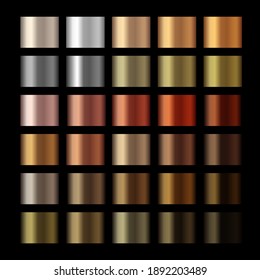 Vector metallic copper gradients, gold, silver, bronze, copper colorful palette collection. Vector glossy swatches with gold and bronze gradient texture backgrounds. Vector design