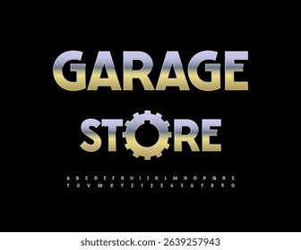 Vector Metallic emblem Auto Garage with Steel 
Gear. Unique Chrome Font. Trendy Digital Alphabet Letters and Numbers set.