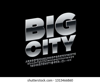 Ciudad grande del Emblema metálico vectorial. Letras, números y símbolos plateados de alfabeto. Fuente de acero moderno.