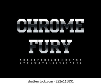 Vector metallic emblem Chrome Fury. Iron creative Font. Silver Alphabet Letters and Numbers